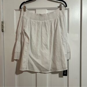 #182 INC Off the Shoulder White Sparkle Smocked Cotton Top Blouse Large NWT
